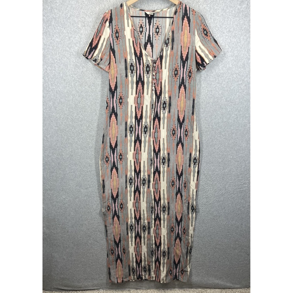 Tucker Silk Ikat Maxi Dress Womens M Multicolor Short Sleeve V-Neck Button EUC